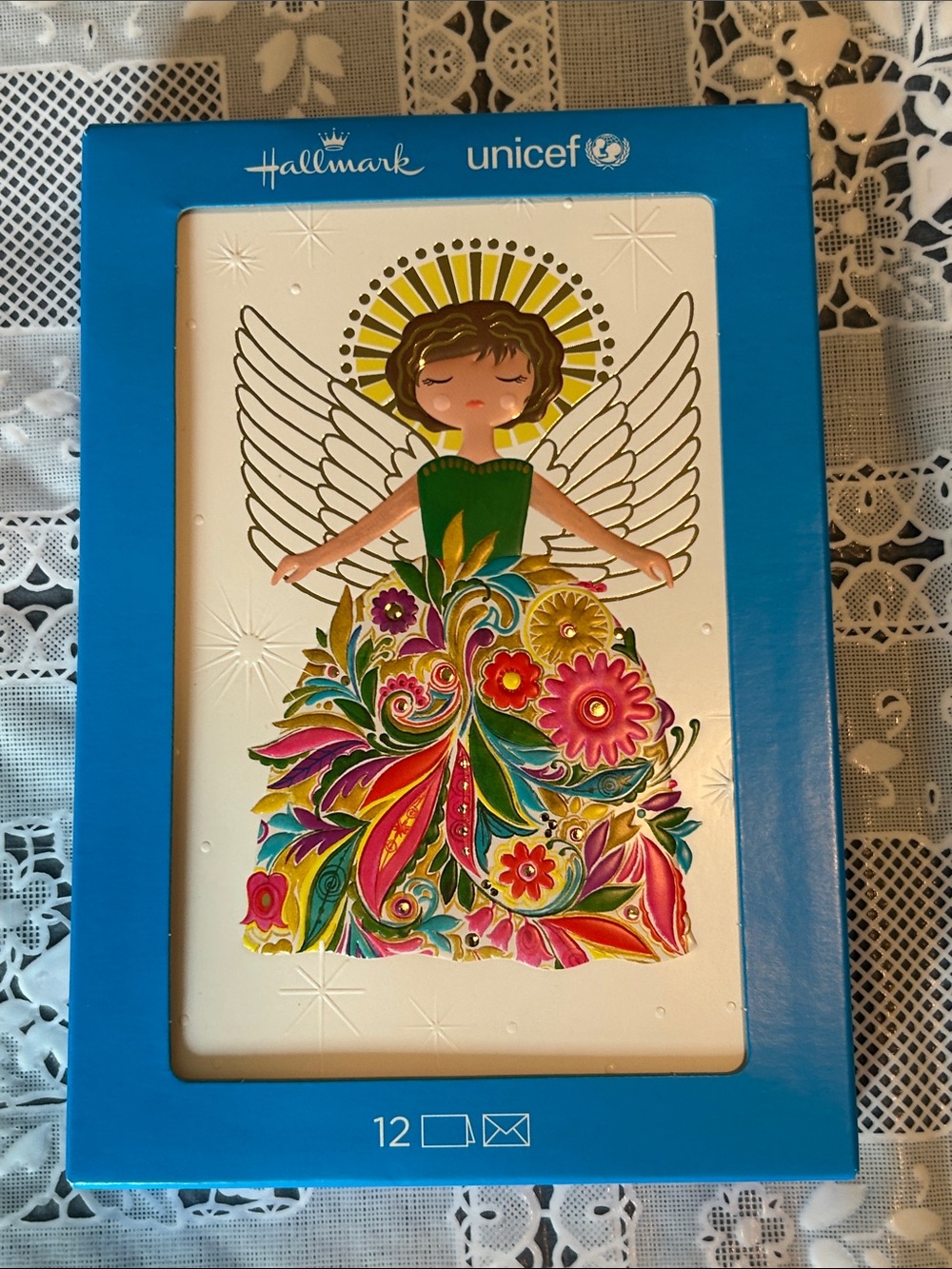 Hallmark Angel Card Set with Blue, Green, Pink, Yellow, Gold Accents